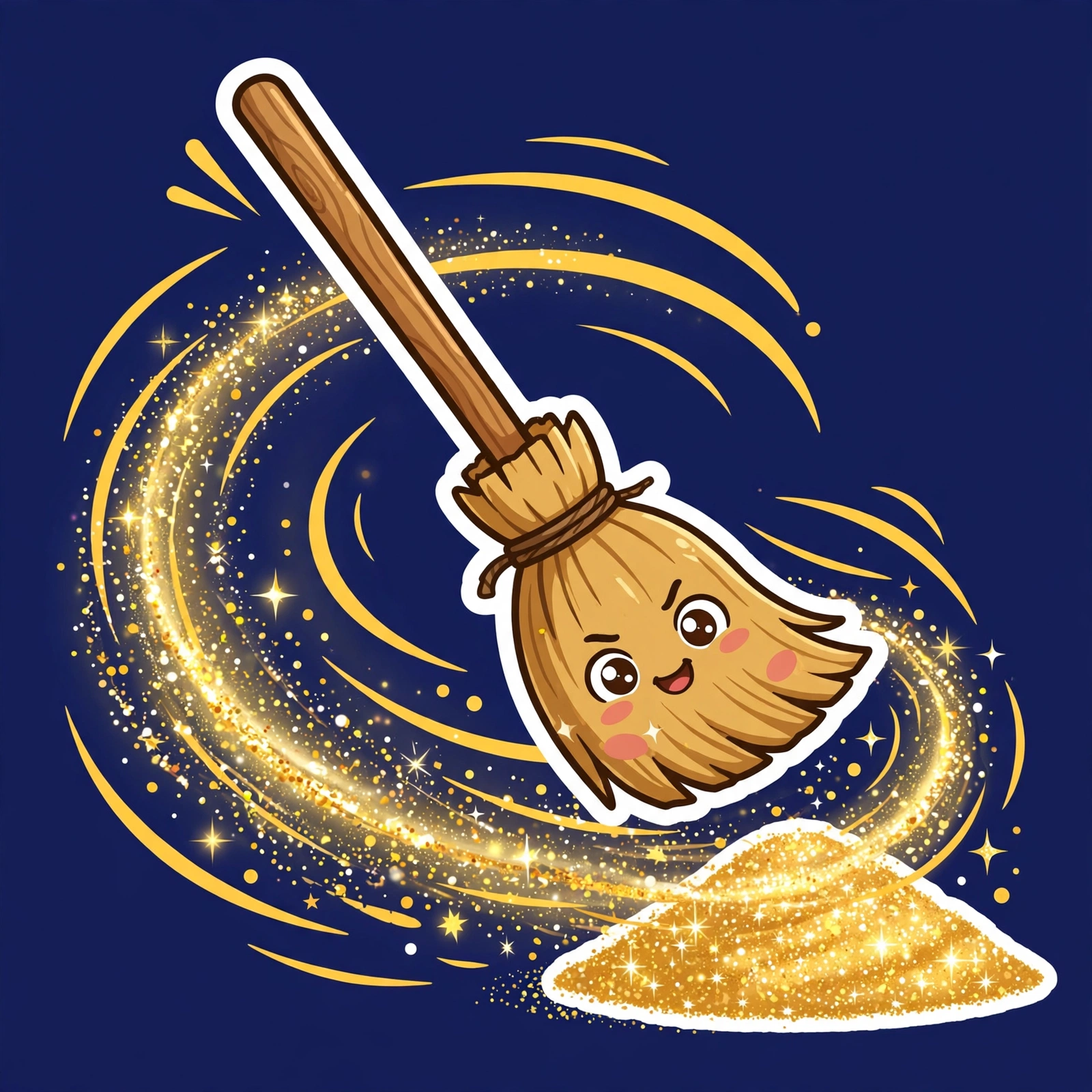 A broom sweeping gold dust into a pile — sweep your dust
